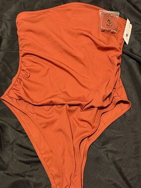 Shade shore ribbed Strapless or w Straps One-Piece Swimsuit in Rust Orange